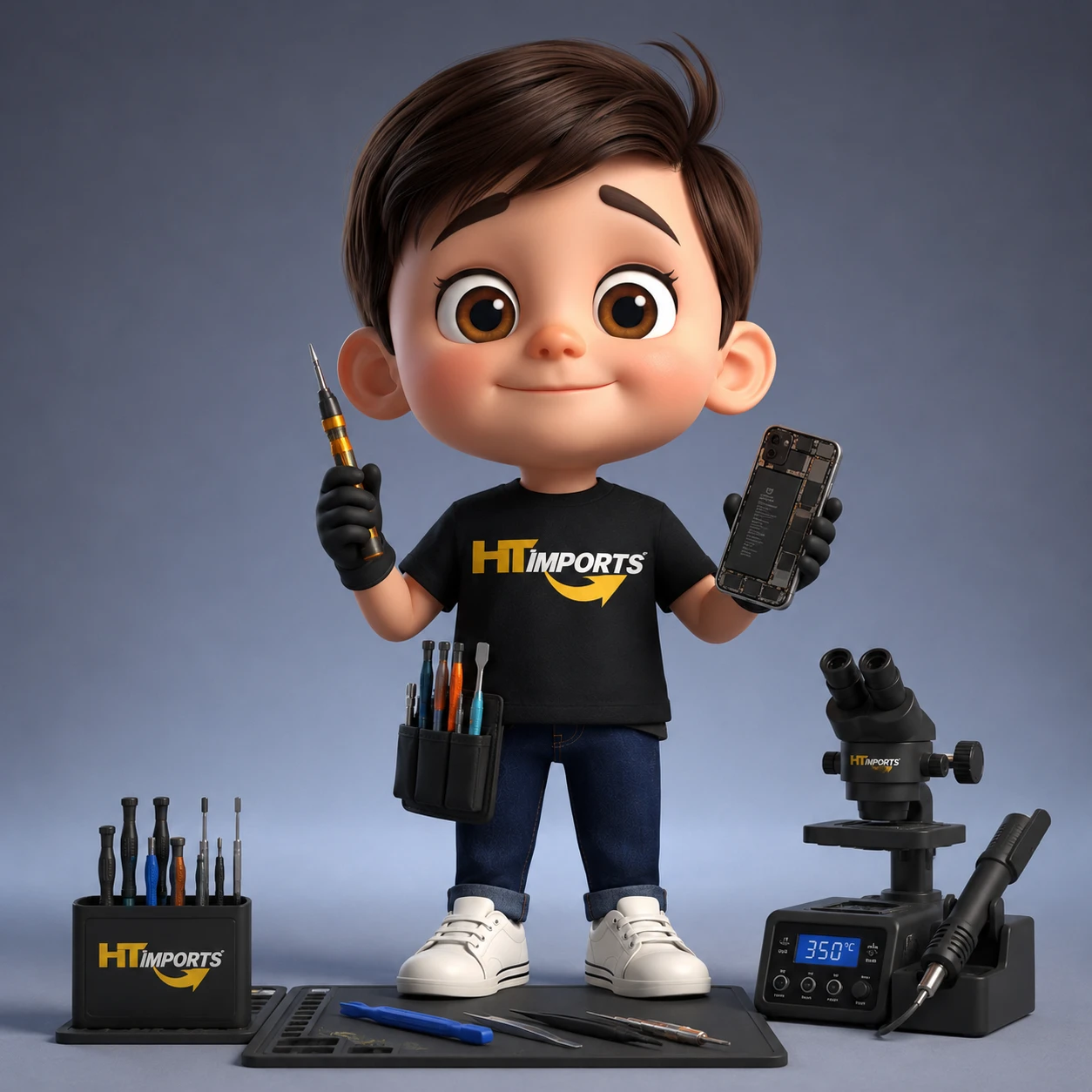 Mascote da HT Imports vestido de tecnico, segurando chave de precisao e um iPhone aberto